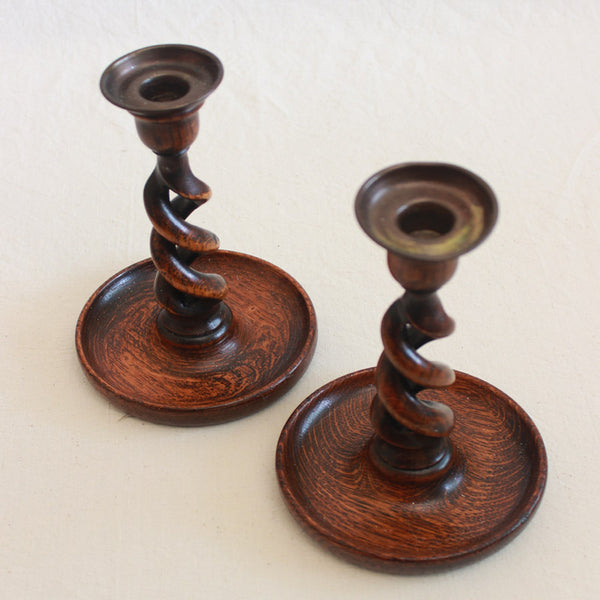 Arts & Crafts Wooden Candlesticks - Open Barley Twist with Brass Cup- Sold Individually - Juniper & Bliss